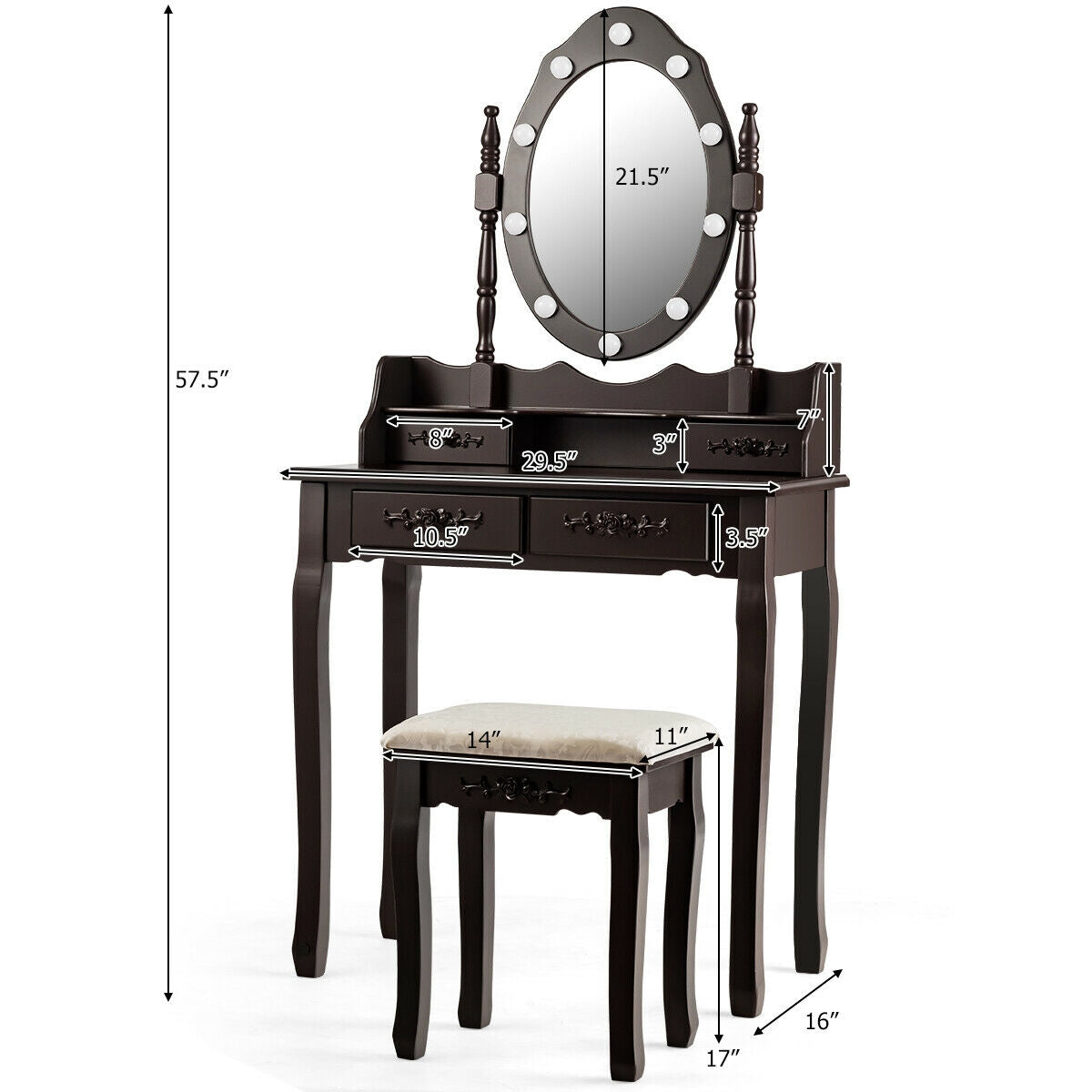 Vanity Table Set with Mirror and Soft Cushioned Stool-CoffeeÂ