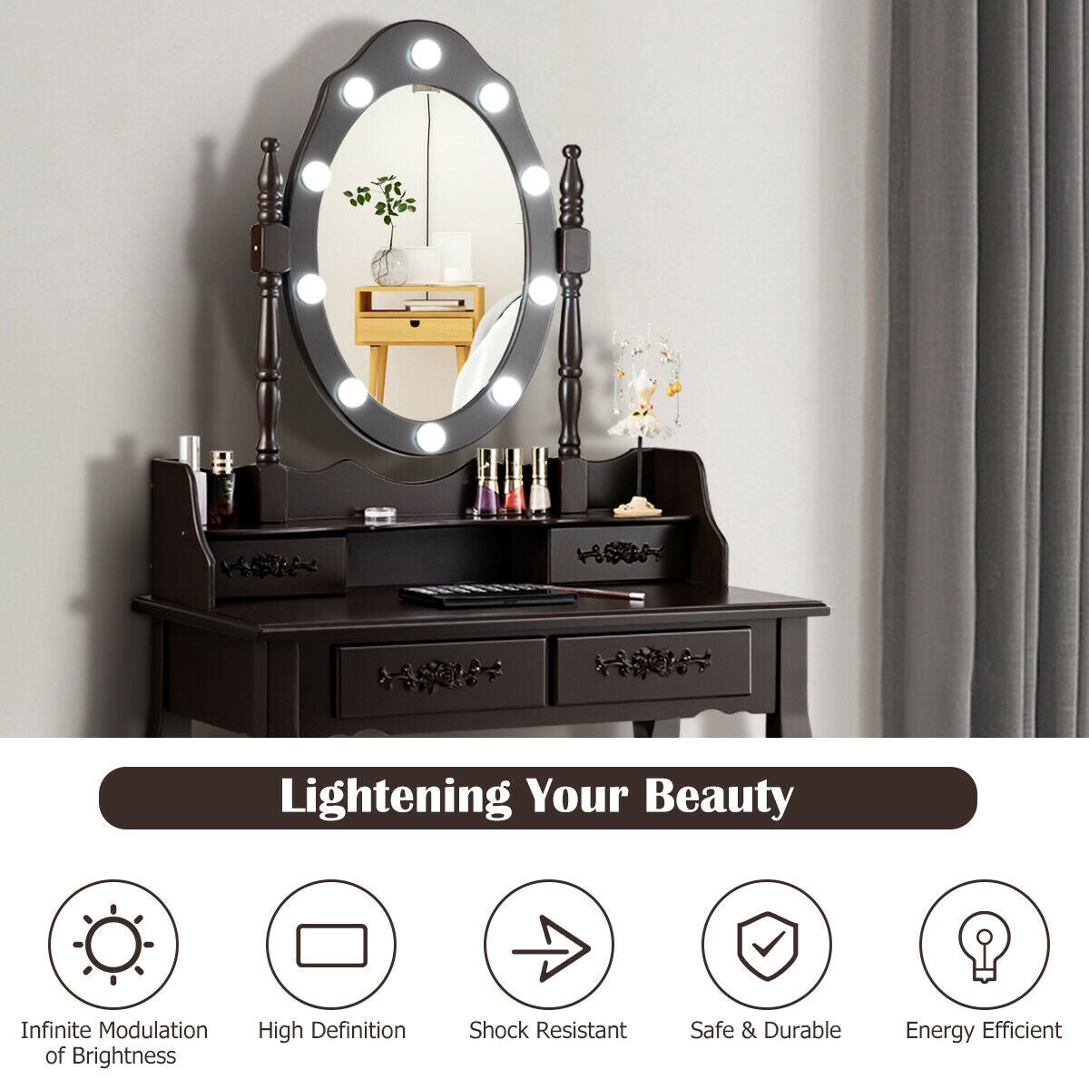 Vanity Table Set with Mirror and Soft Cushioned Stool-CoffeeÂ