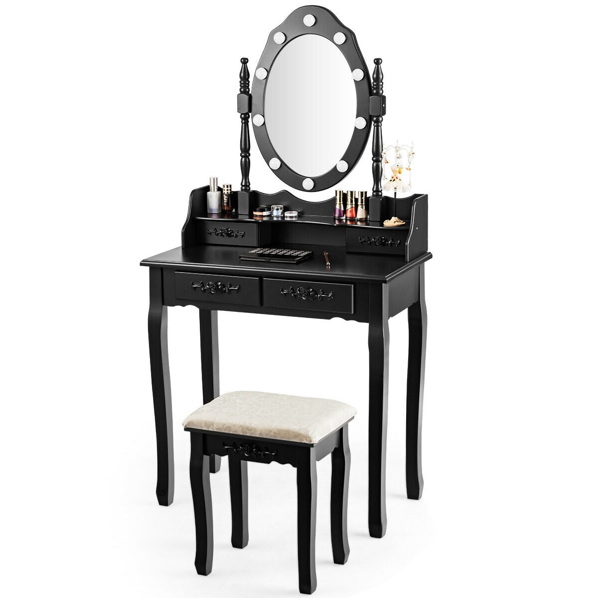 Vanity Table Set with Mirror and Soft Cushioned Stool-BlackÂ