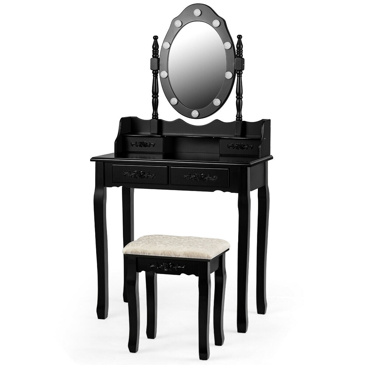 Vanity Table Set with Mirror and Soft Cushioned Stool-BlackÂ