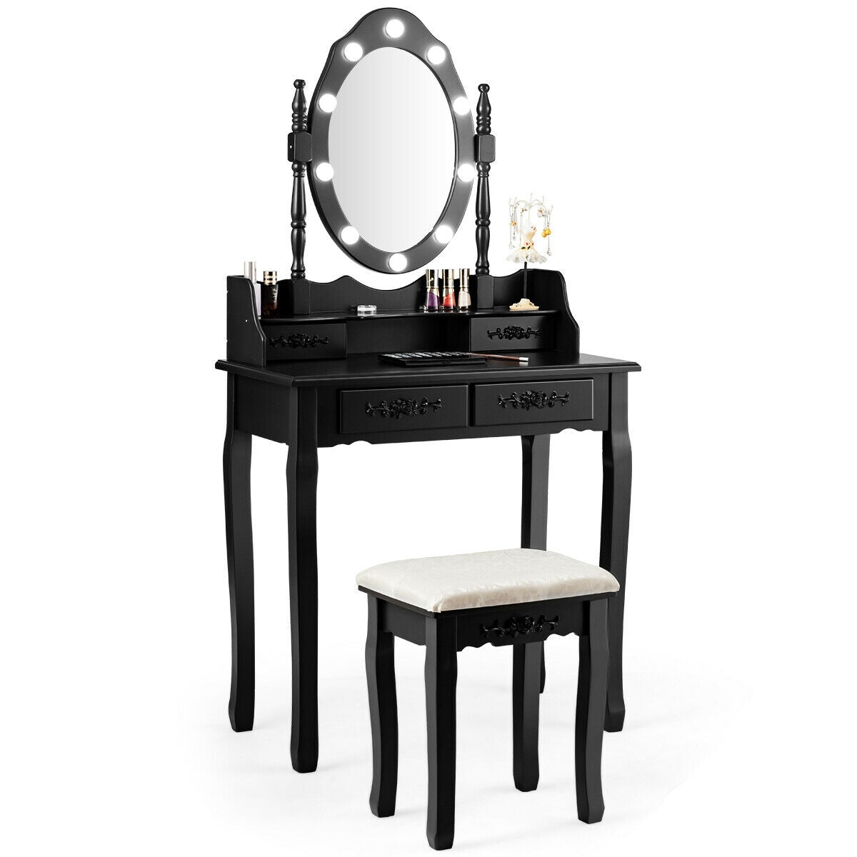 Vanity Table Set with Mirror and Soft Cushioned Stool-BlackÂ