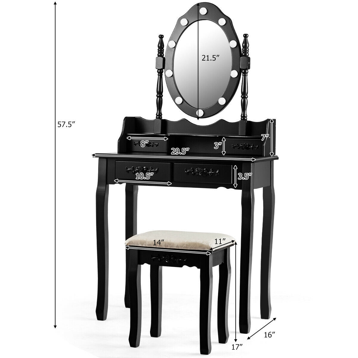 Vanity Table Set with Mirror and Soft Cushioned Stool-BlackÂ