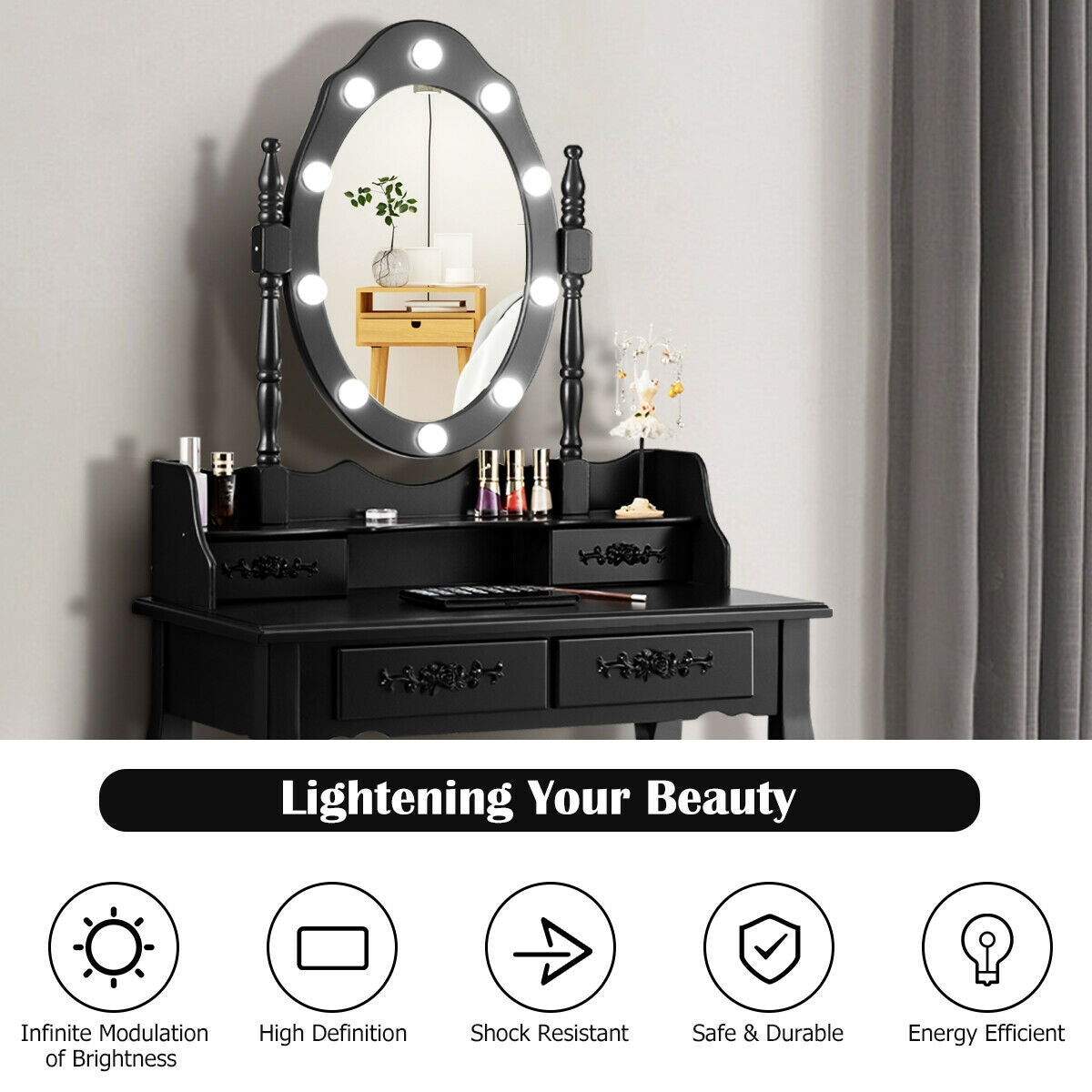 Vanity Table Set with Mirror and Soft Cushioned Stool-BlackÂ