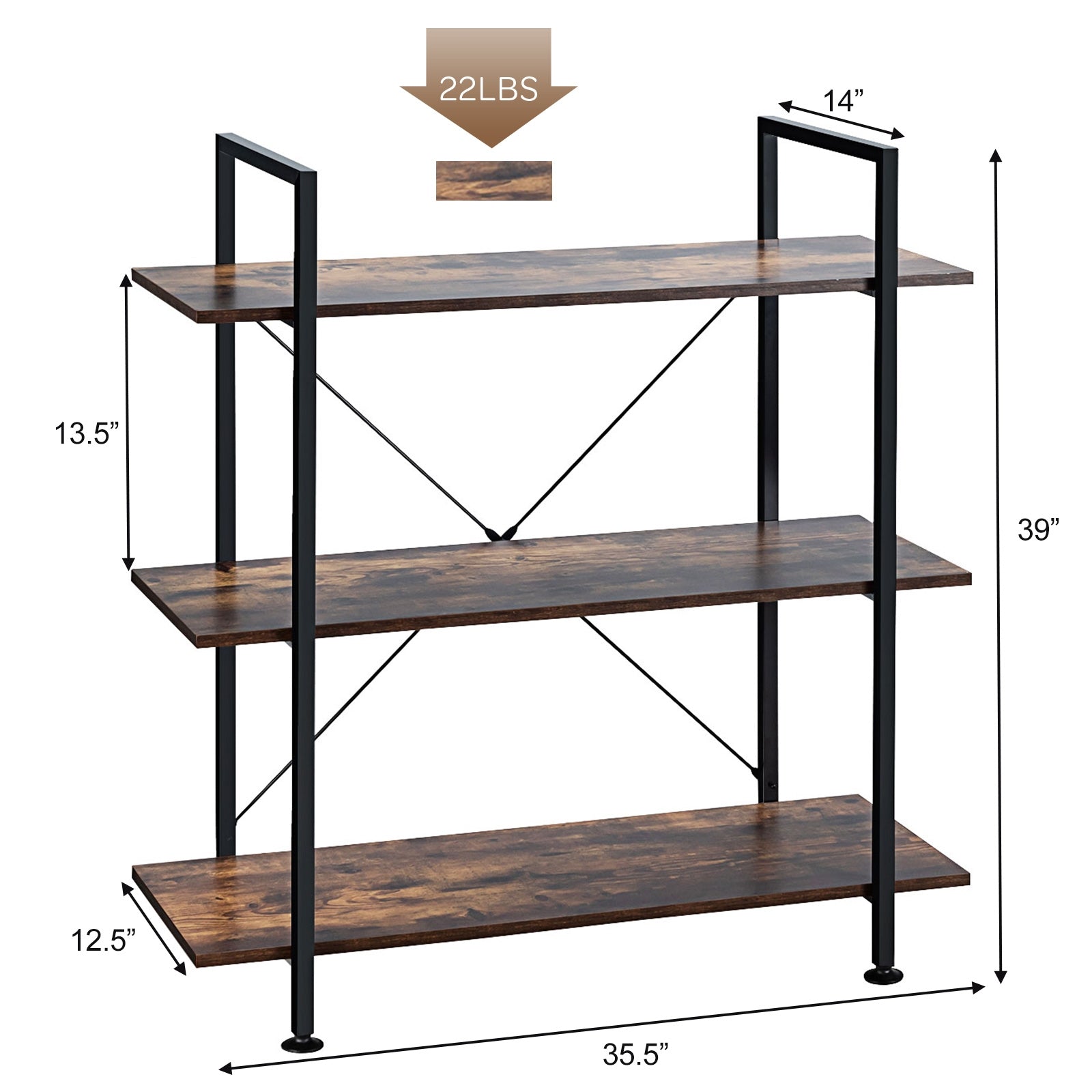 3/5 Tiers Industrial Bookcase with Metal Frame for Home Office-3-TierÂ