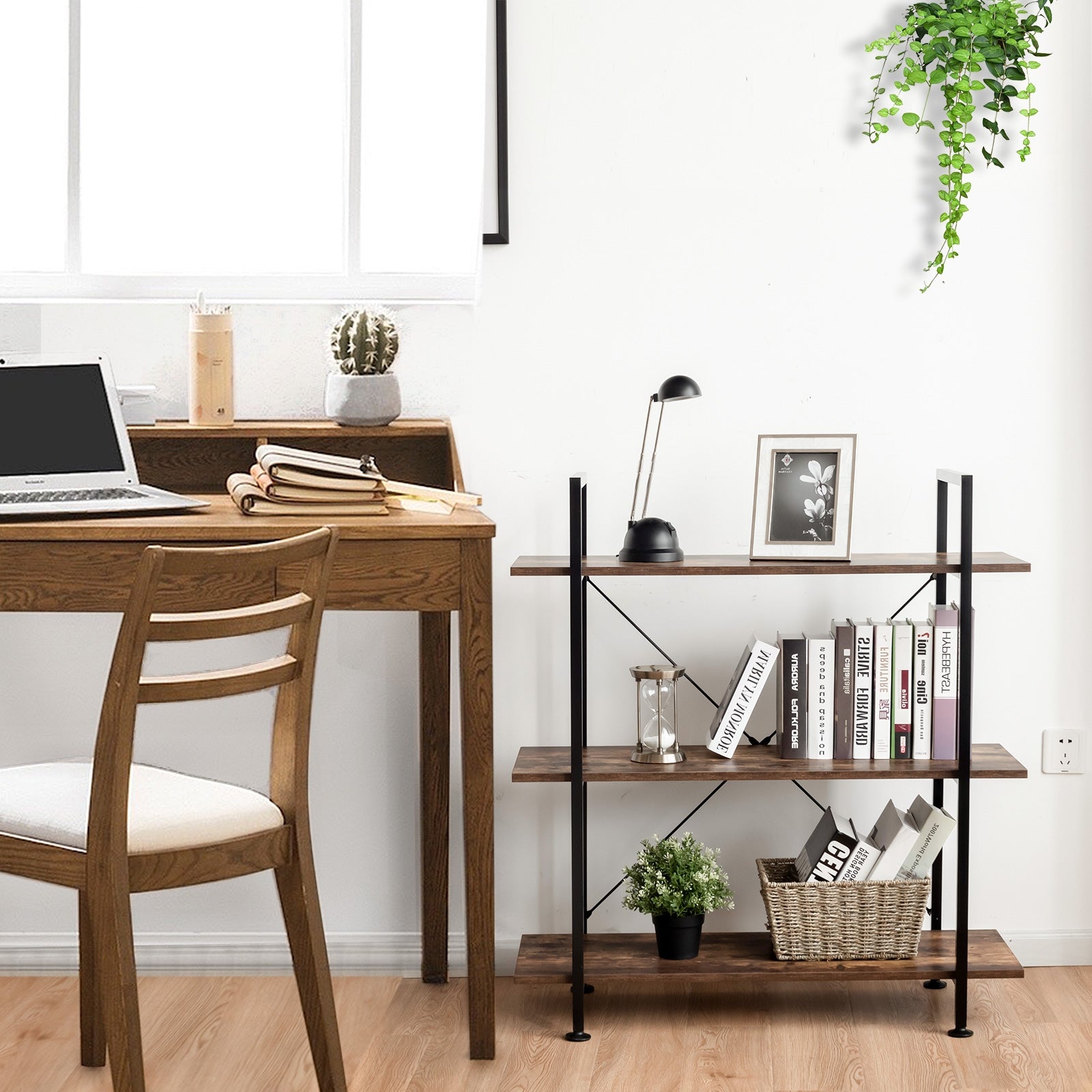 3/5 Tiers Industrial Bookcase with Metal Frame for Home Office-3-TierÂ