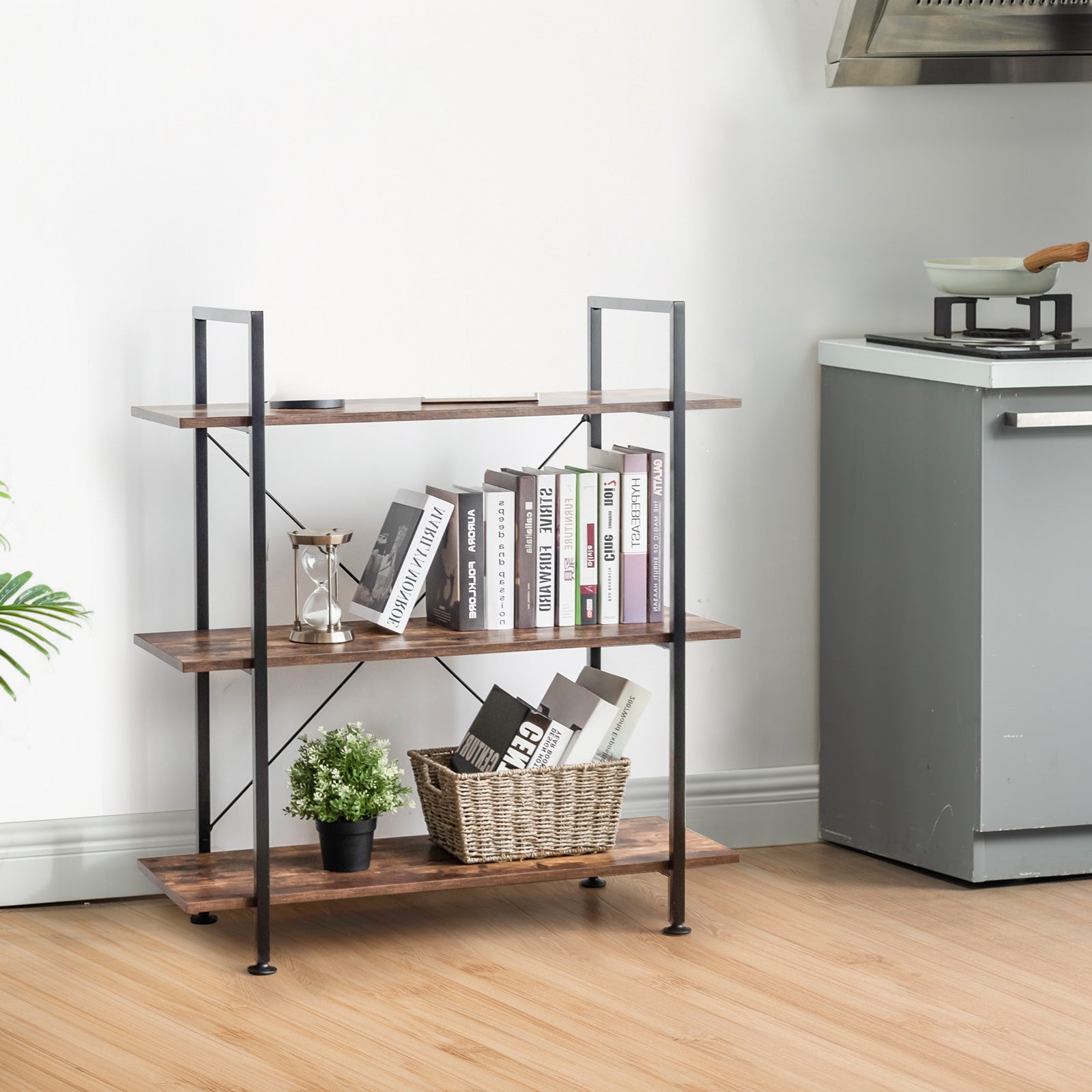 3/5 Tiers Industrial Bookcase with Metal Frame for Home Office-3-TierÂ