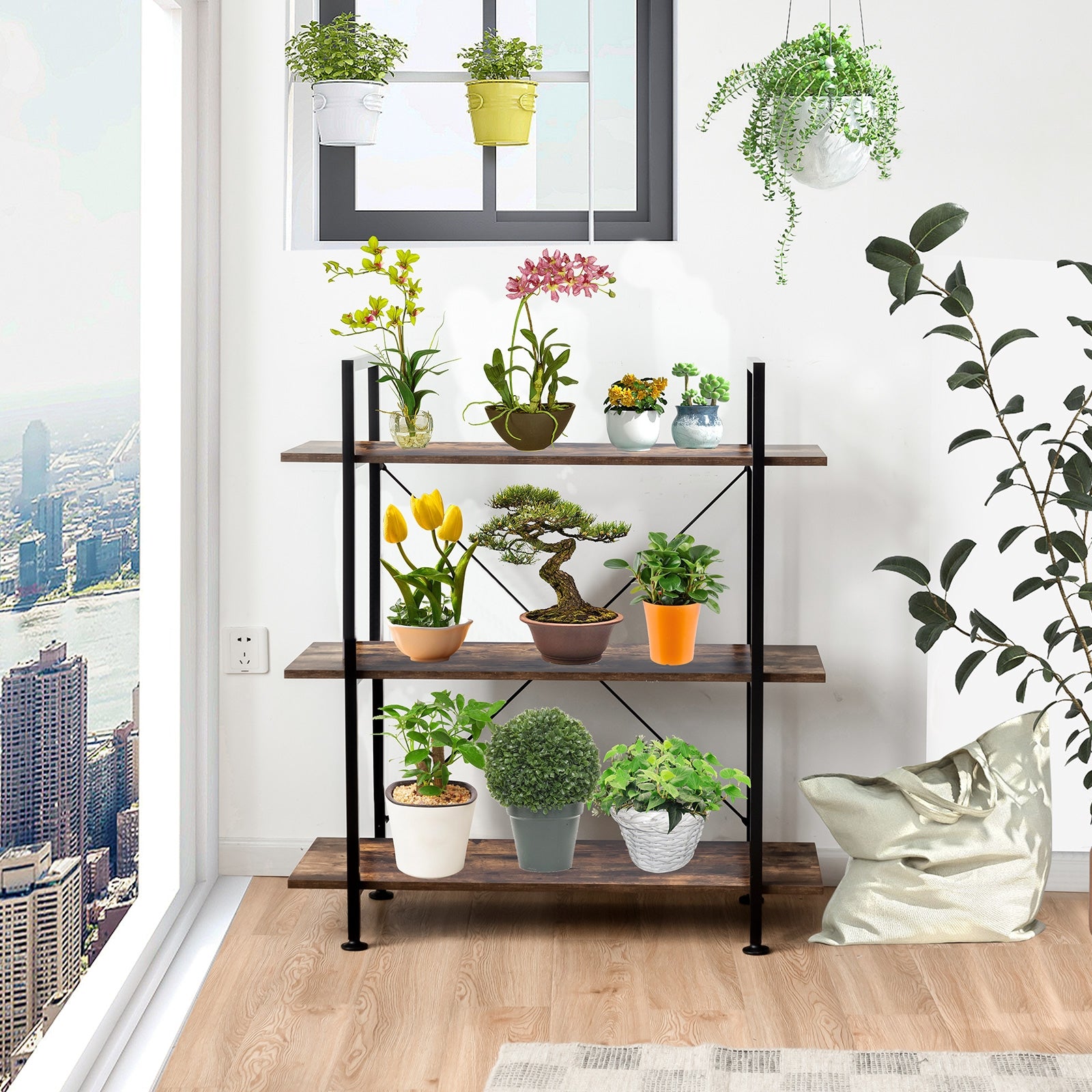 3/5 Tiers Industrial Bookcase with Metal Frame for Home Office-3-TierÂ