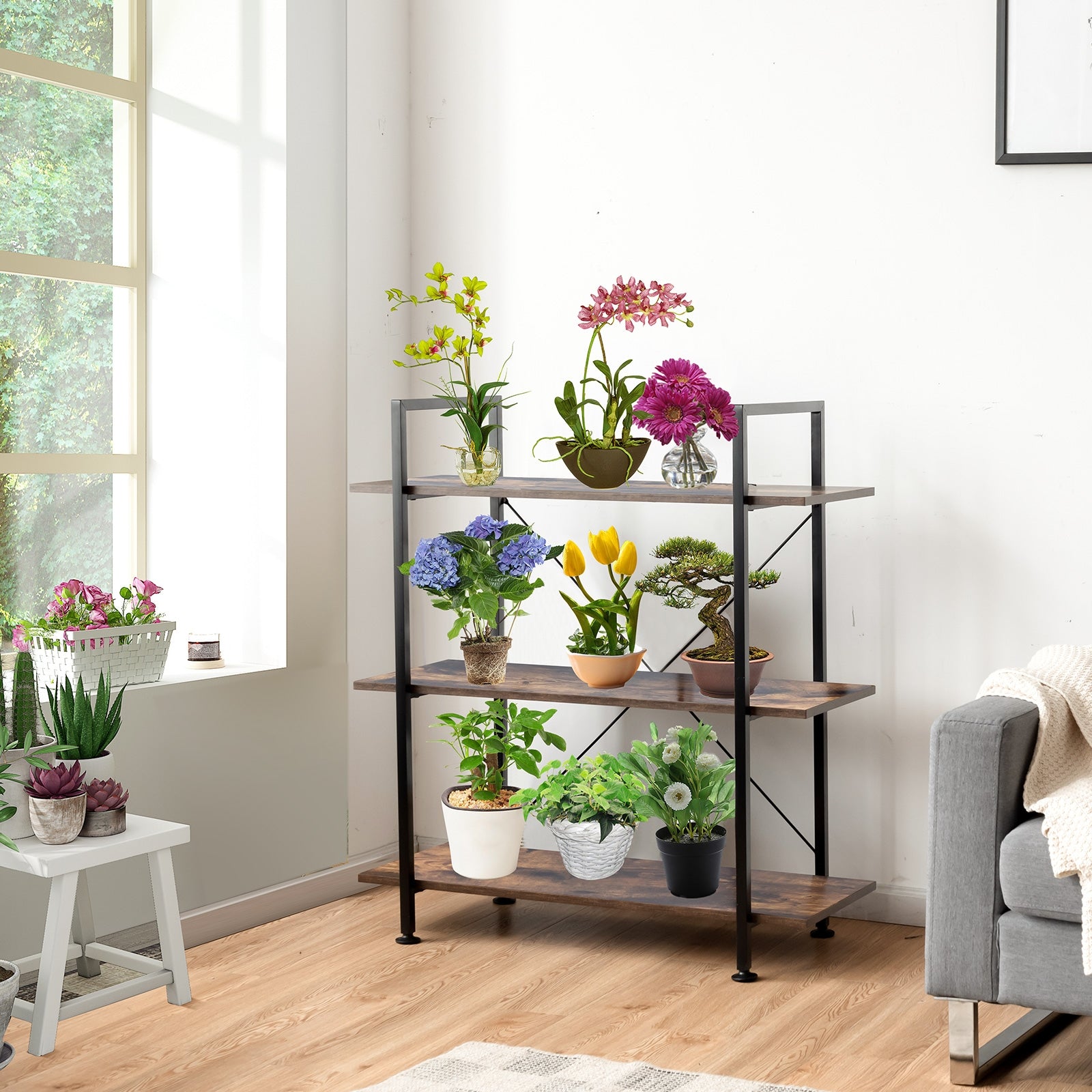 3/5 Tiers Industrial Bookcase with Metal Frame for Home Office-3-TierÂ
