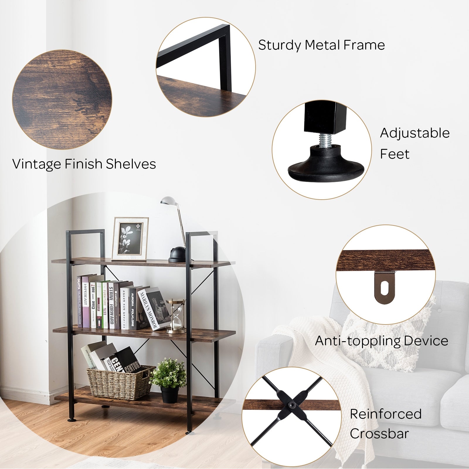 3/5 Tiers Industrial Bookcase with Metal Frame for Home Office-3-TierÂ