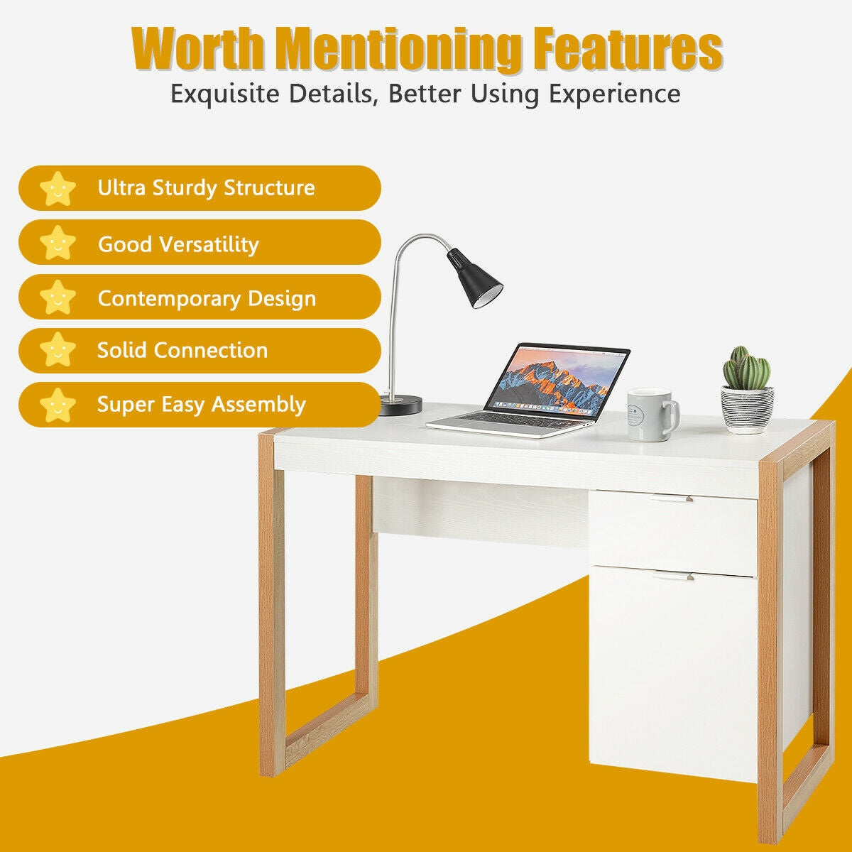 Modern Workstation Computer Desk with Storage Cabinet-WhiteÂ