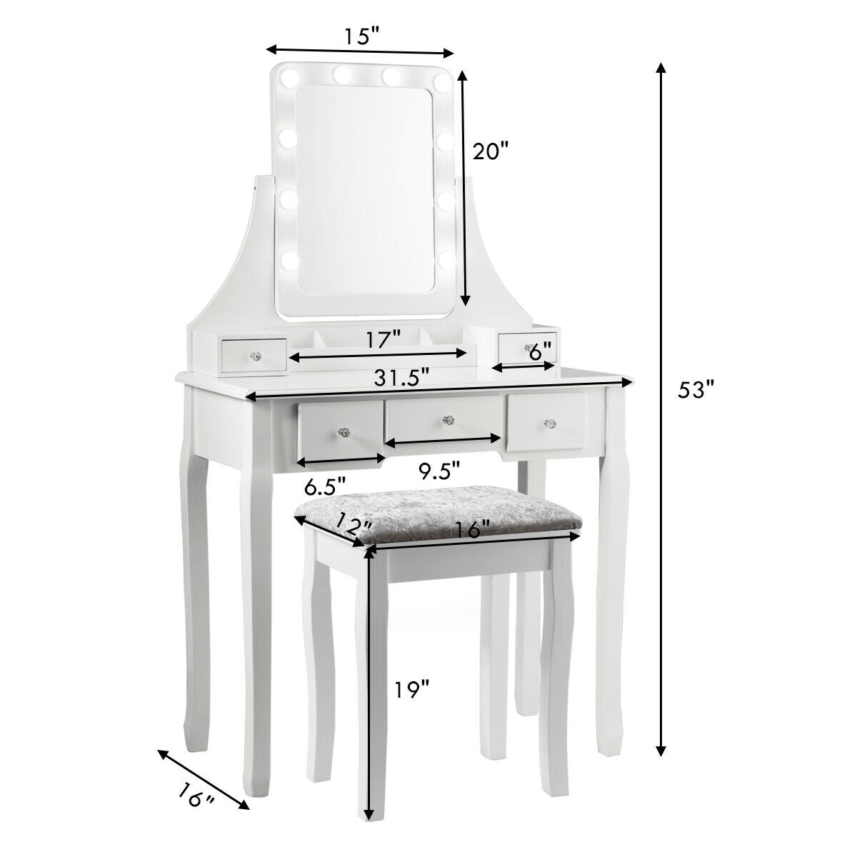 Vanity Dressing Table Set with 10 Dimmable Bulbs and Cushioned Stool-WhiteÂ