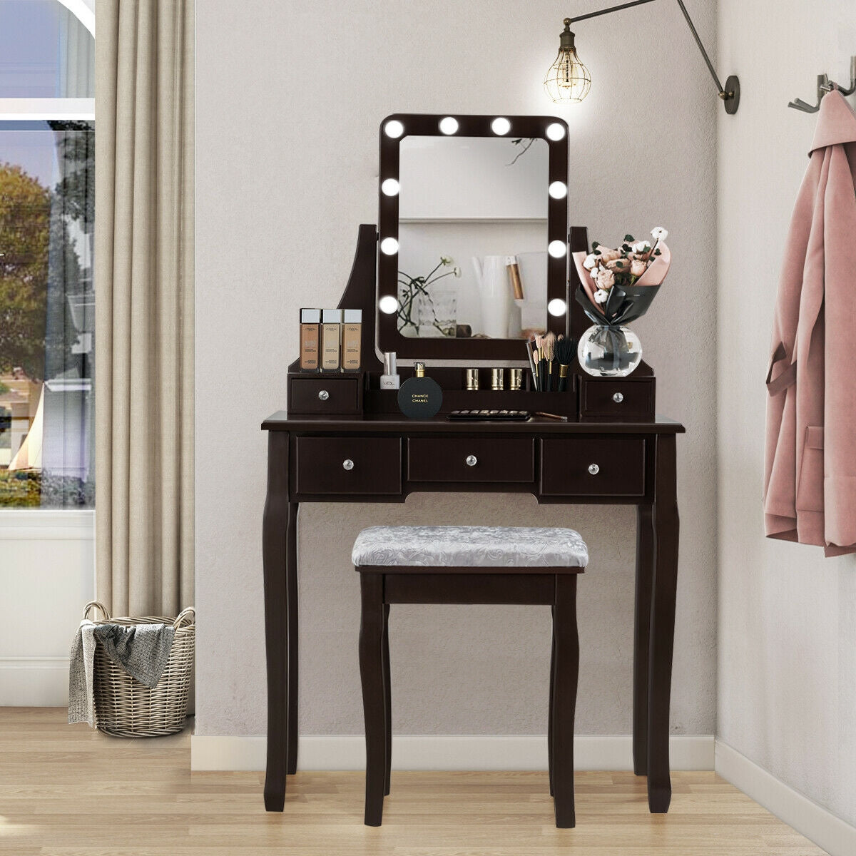 Vanity Dressing Table Set with 10 Dimmable Bulbs and Cushioned Stool-BrownÂ