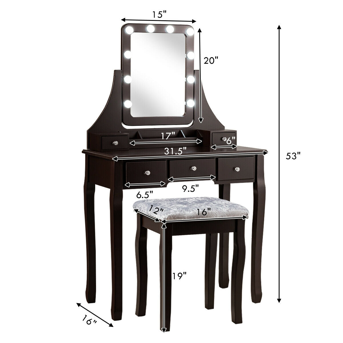 Vanity Dressing Table Set with 10 Dimmable Bulbs and Cushioned Stool-BrownÂ