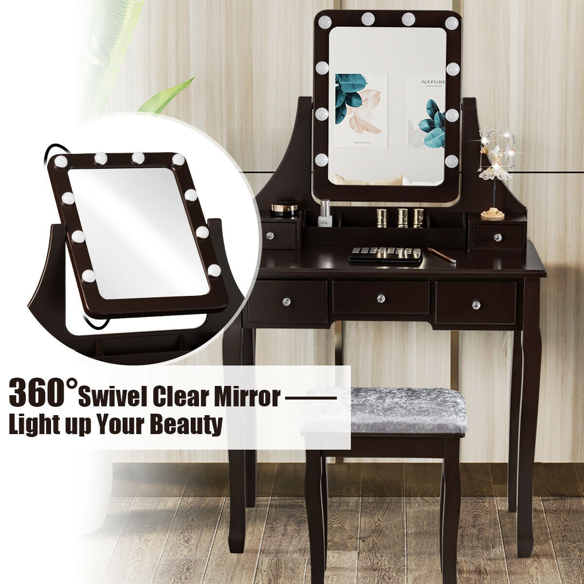Vanity Dressing Table Set with 10 Dimmable Bulbs and Cushioned Stool-BrownÂ