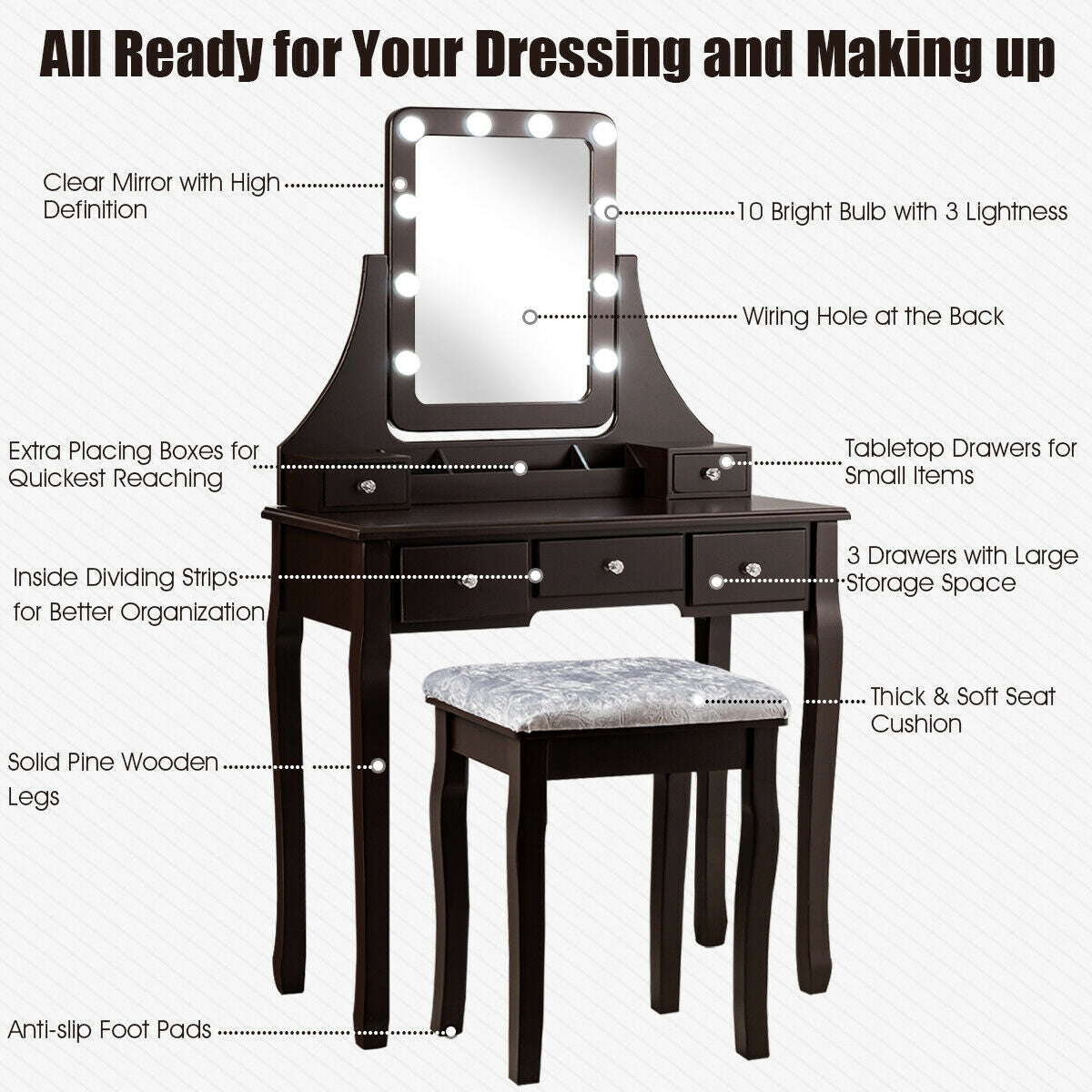 Vanity Dressing Table Set with 10 Dimmable Bulbs and Cushioned Stool-BrownÂ