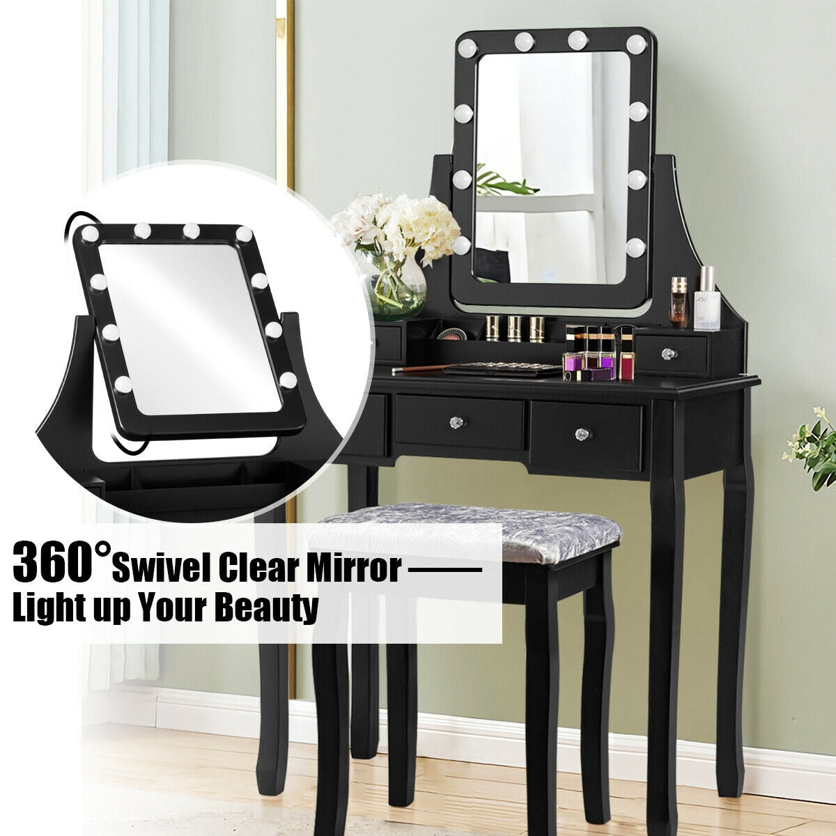 Vanity Dressing Table Set with 10 Dimmable Bulbs and Cushioned Stool-BlackÂ