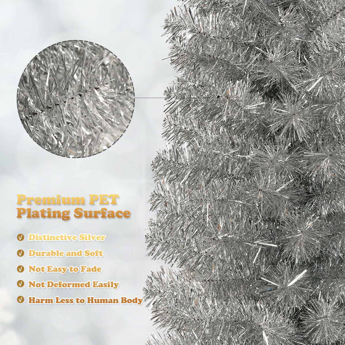 6 Feet Tinsel Tree Unlit Slim Pencil Christmas Tree-SilverÂ