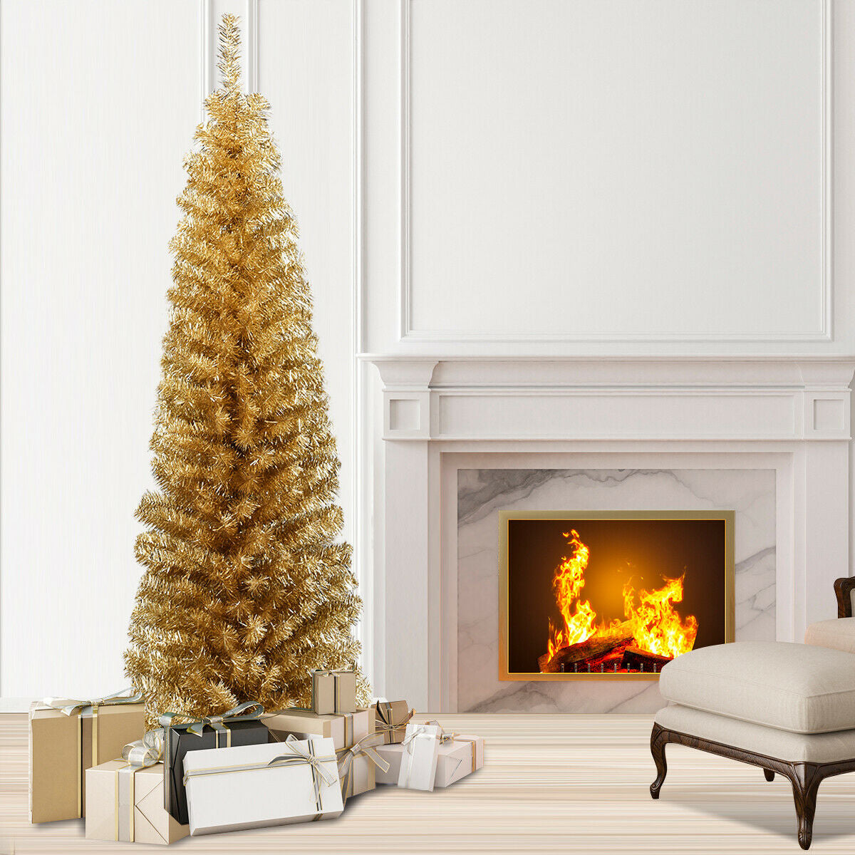 6 Feet Tinsel Tree Unlit Slim Pencil Christmas Tree-ChampagneÂ