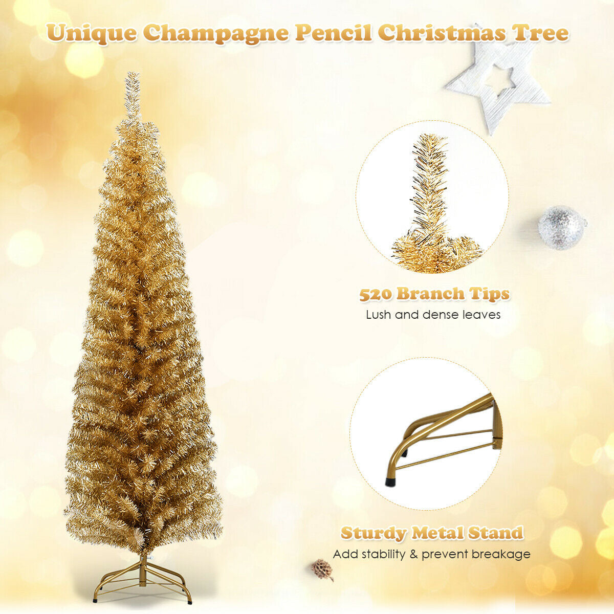 6 Feet Tinsel Tree Unlit Slim Pencil Christmas Tree-ChampagneÂ