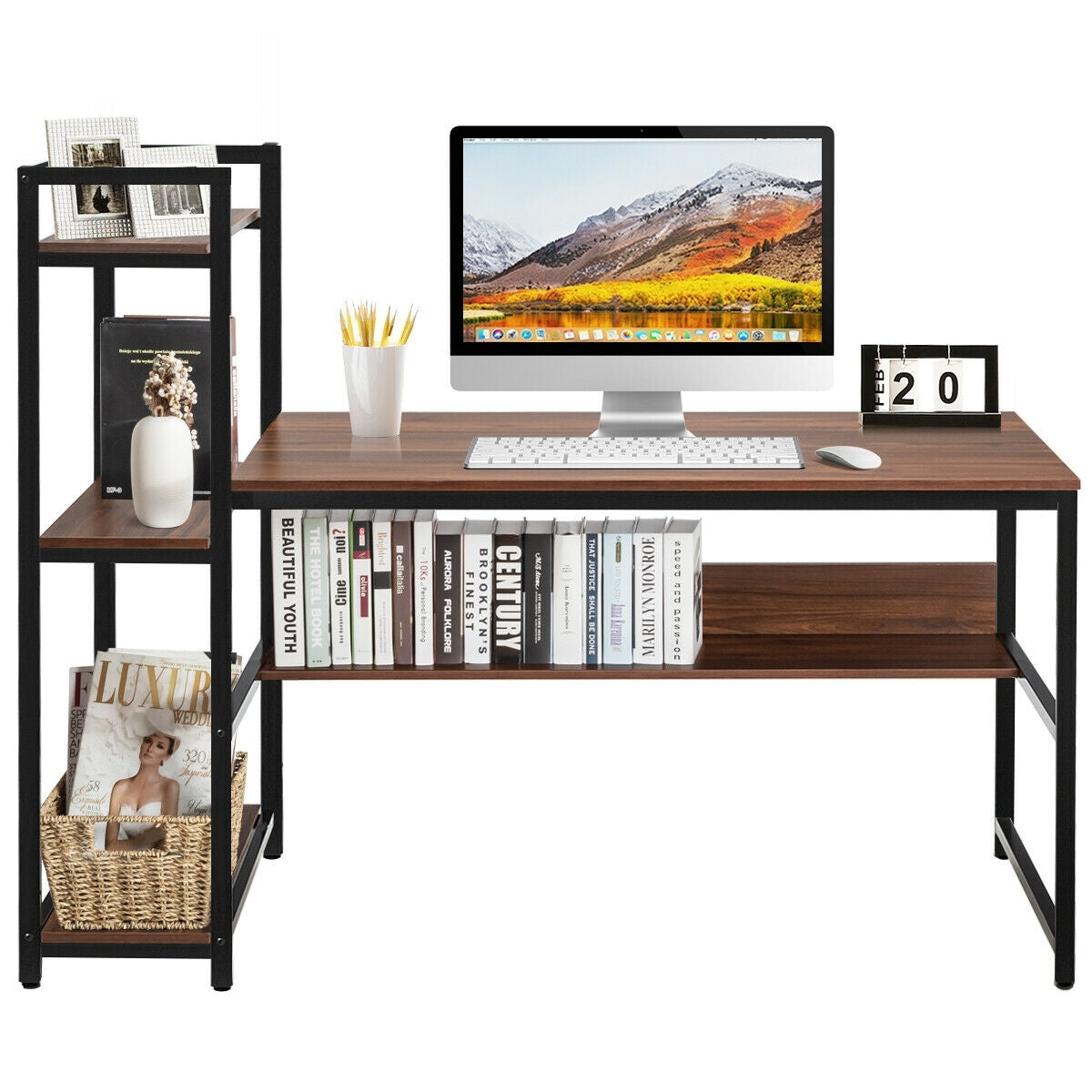 59-Inch Computer Desk Home Office Workstation 4-Tier Storage Shelves-WalnutÂ