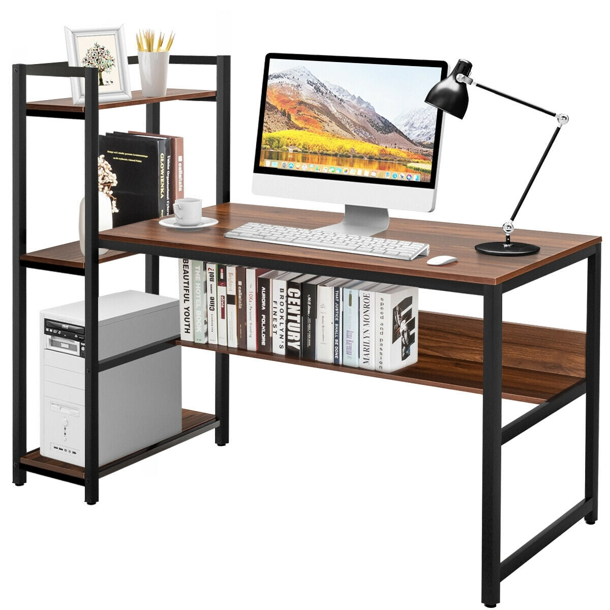 59-Inch Computer Desk Home Office Workstation 4-Tier Storage Shelves-WalnutÂ