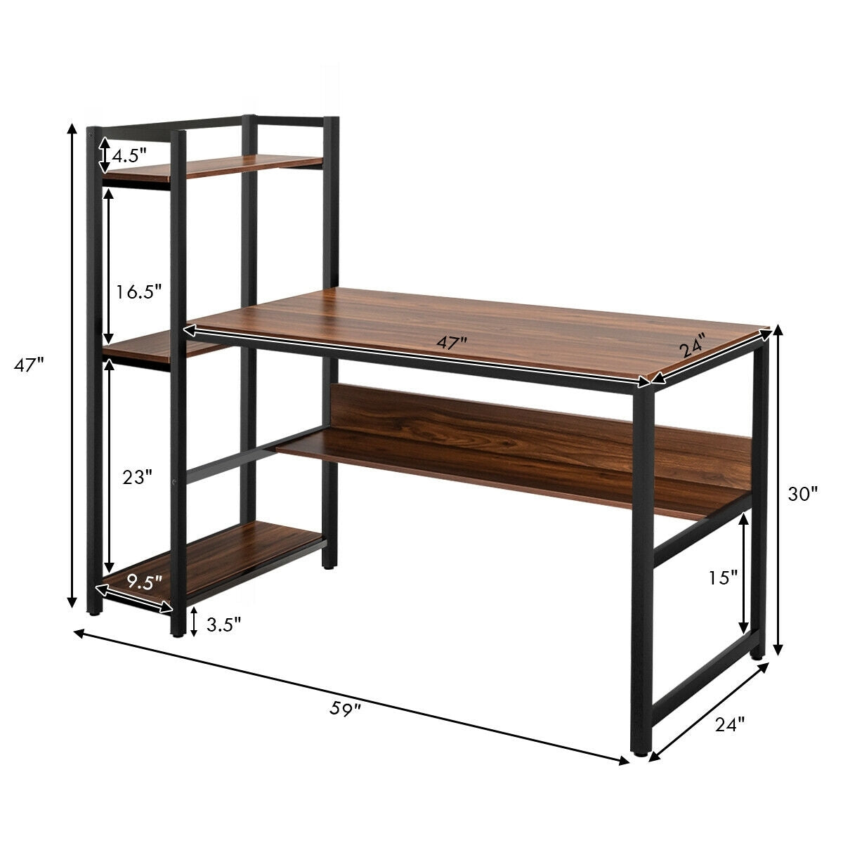 59-Inch Computer Desk Home Office Workstation 4-Tier Storage Shelves-WalnutÂ