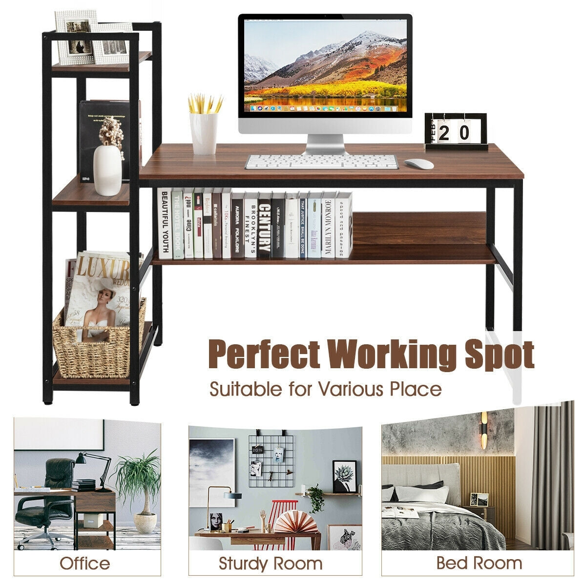 59-Inch Computer Desk Home Office Workstation 4-Tier Storage Shelves-WalnutÂ