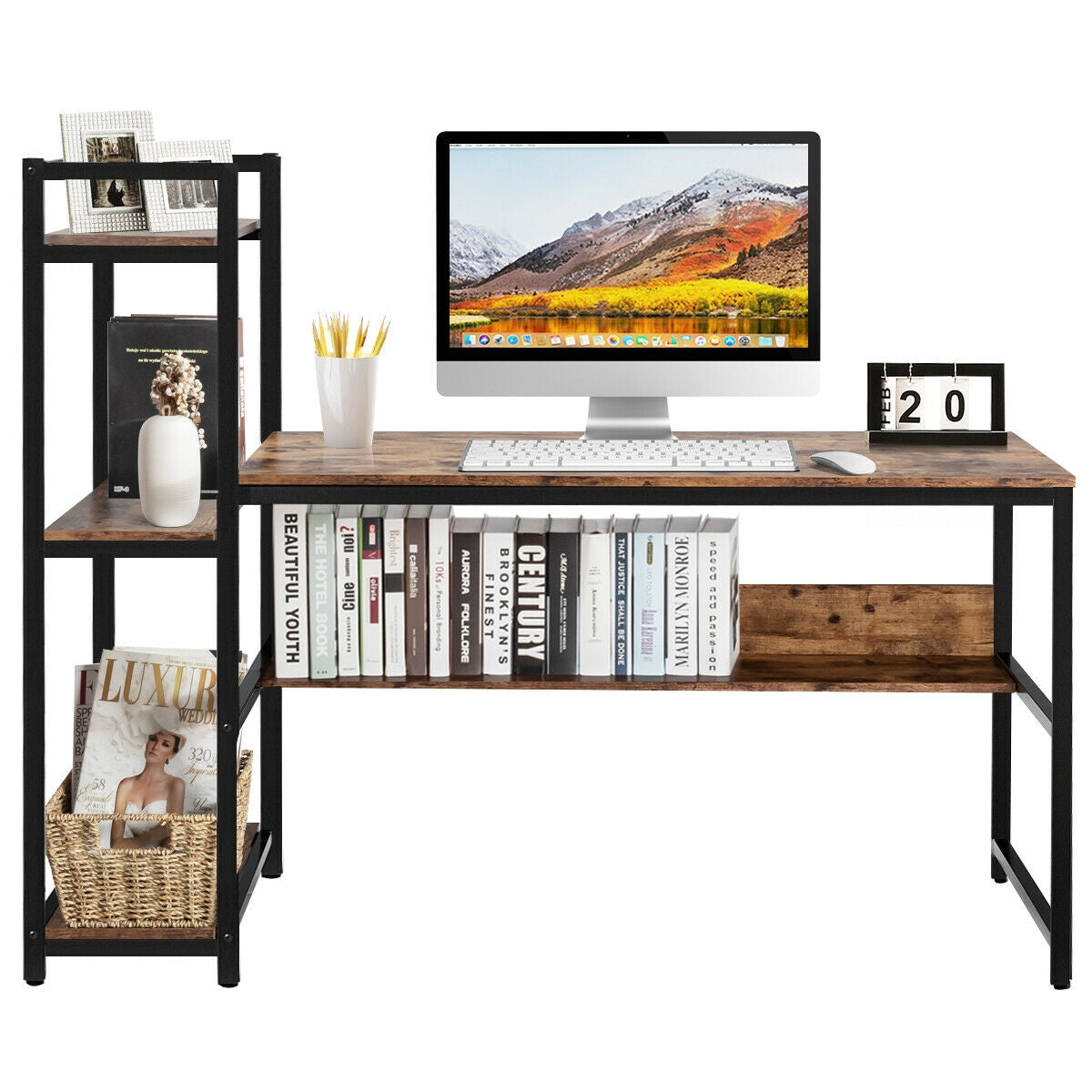 59-Inch Computer Desk Home Office Workstation 4-Tier Storage Shelves-Rustic BrowmÂ