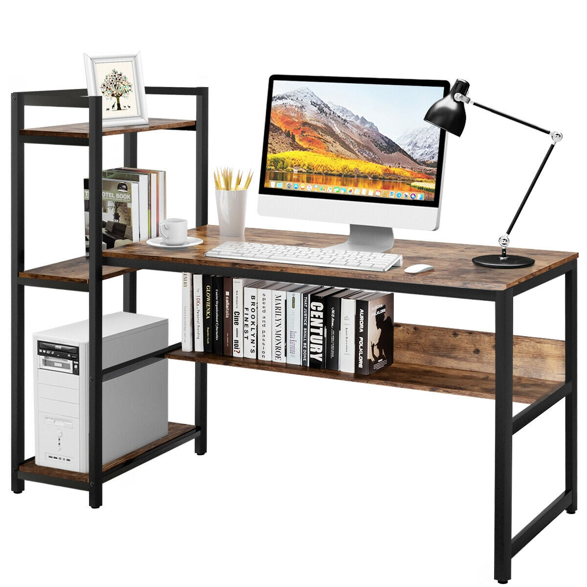 59-Inch Computer Desk Home Office Workstation 4-Tier Storage Shelves-Rustic BrowmÂ