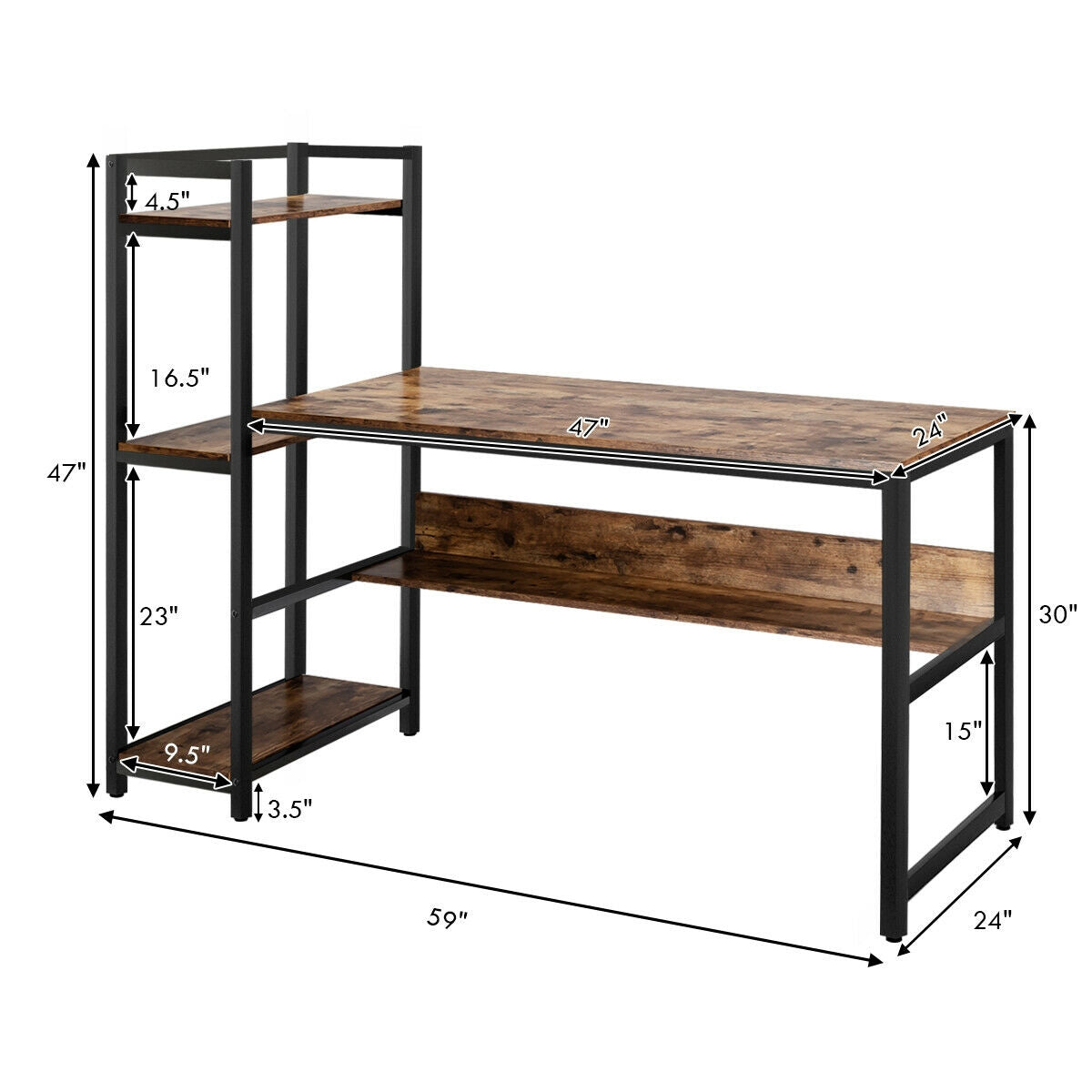 59-Inch Computer Desk Home Office Workstation 4-Tier Storage Shelves-Rustic BrowmÂ
