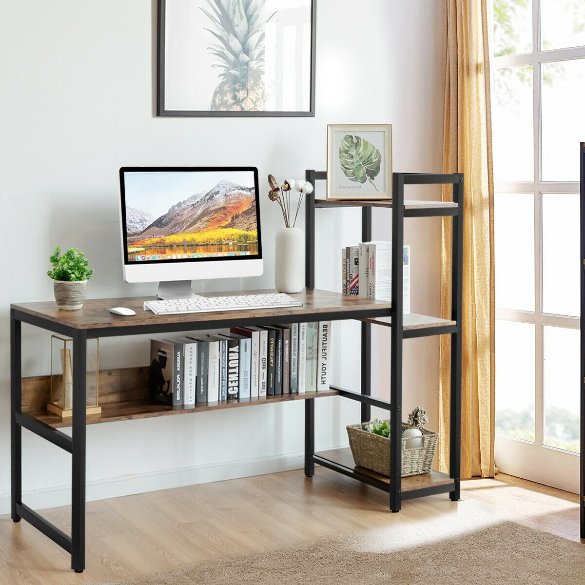 59-Inch Computer Desk Home Office Workstation 4-Tier Storage Shelves-Rustic BrowmÂ
