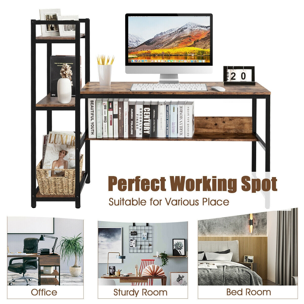 59-Inch Computer Desk Home Office Workstation 4-Tier Storage Shelves-Rustic BrowmÂ