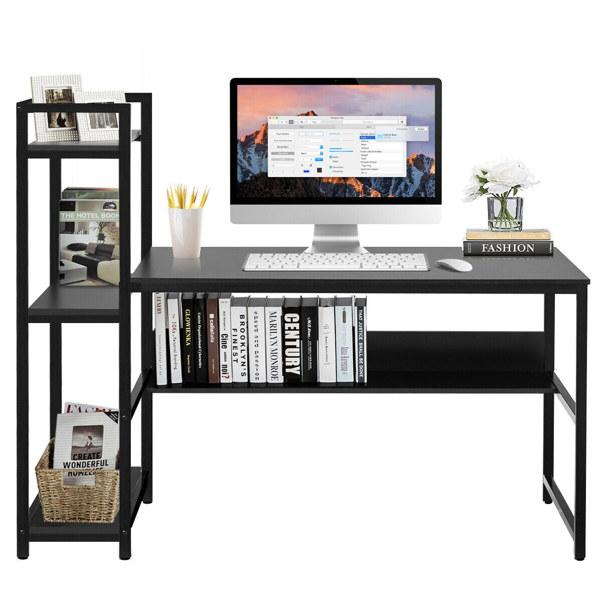 59-Inch Computer Desk Home Office Workstation 4-Tier Storage Shelves-BlackÂ