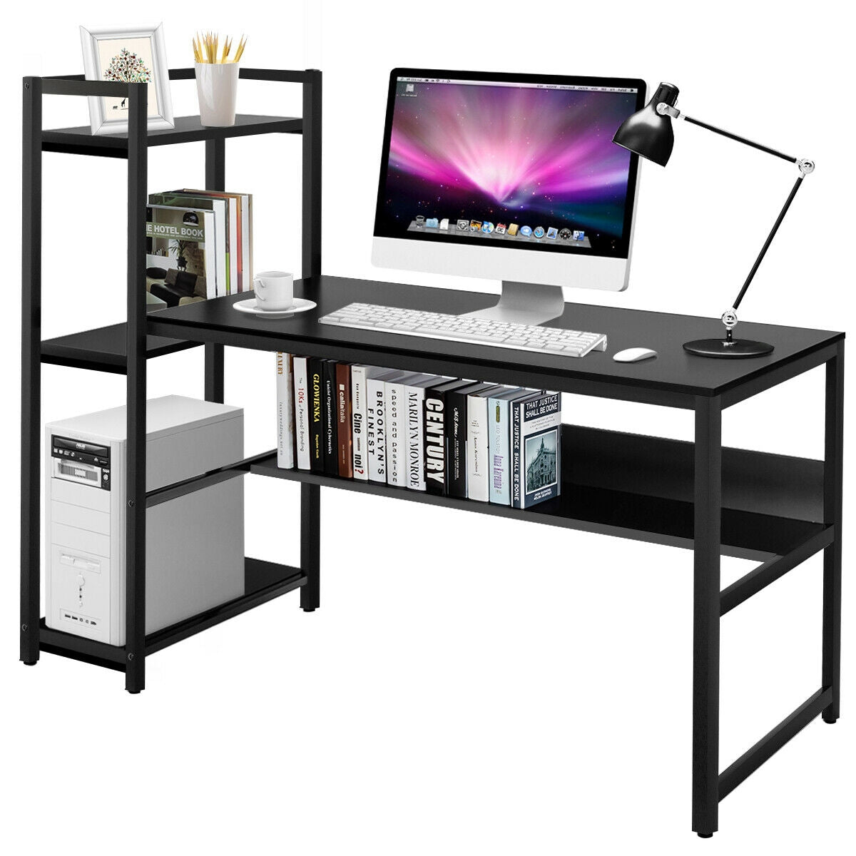 59-Inch Computer Desk Home Office Workstation 4-Tier Storage Shelves-BlackÂ