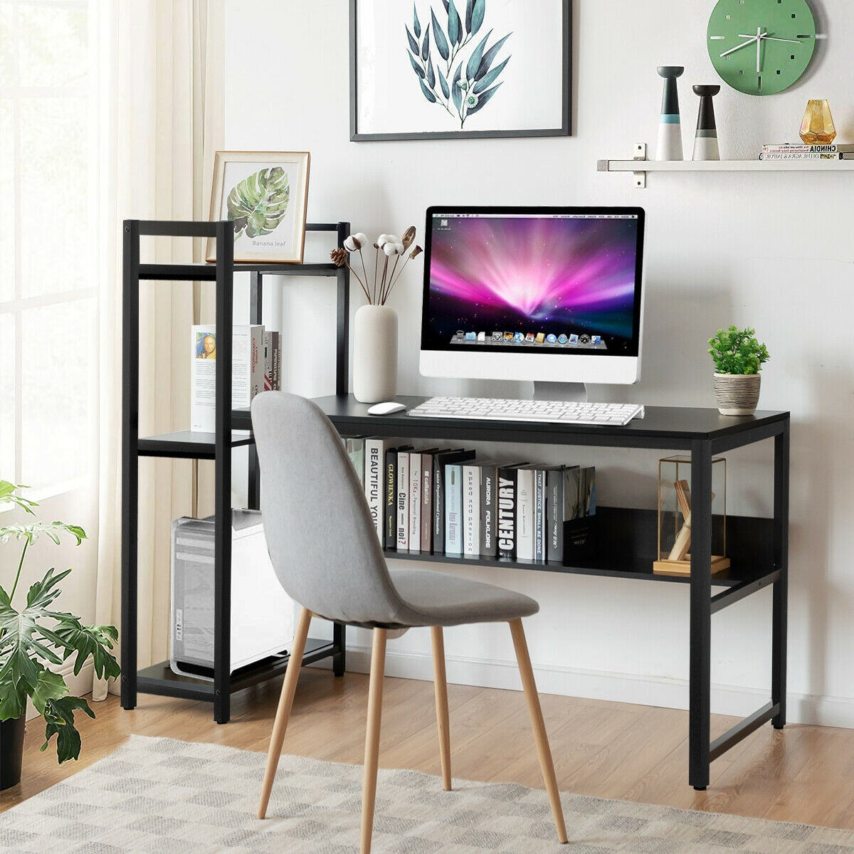 59-Inch Computer Desk Home Office Workstation 4-Tier Storage Shelves-BlackÂ