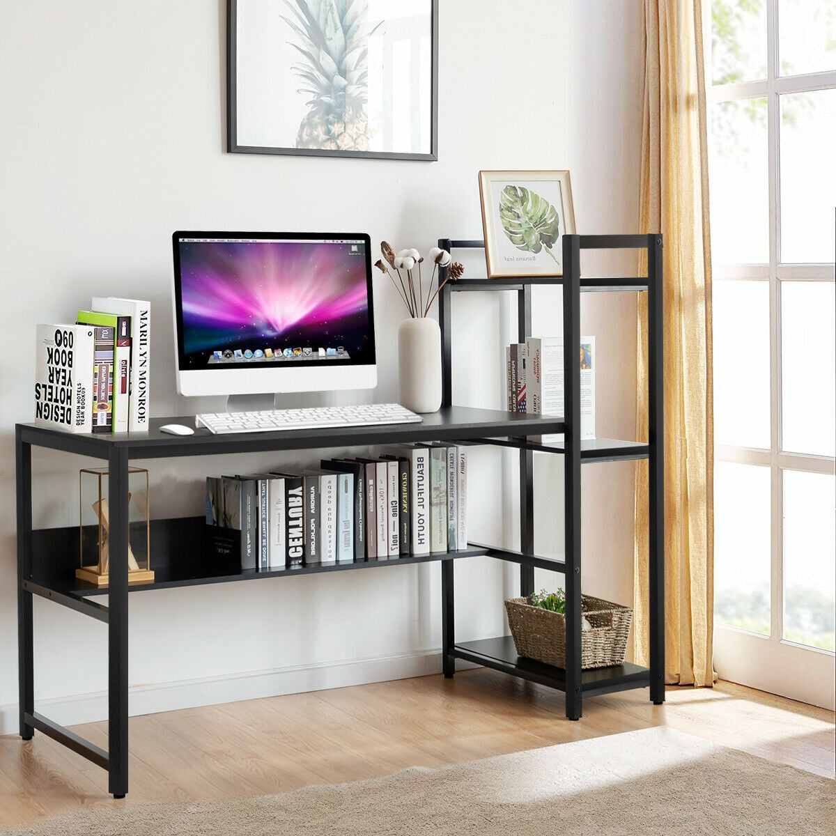 59-Inch Computer Desk Home Office Workstation 4-Tier Storage Shelves-BlackÂ