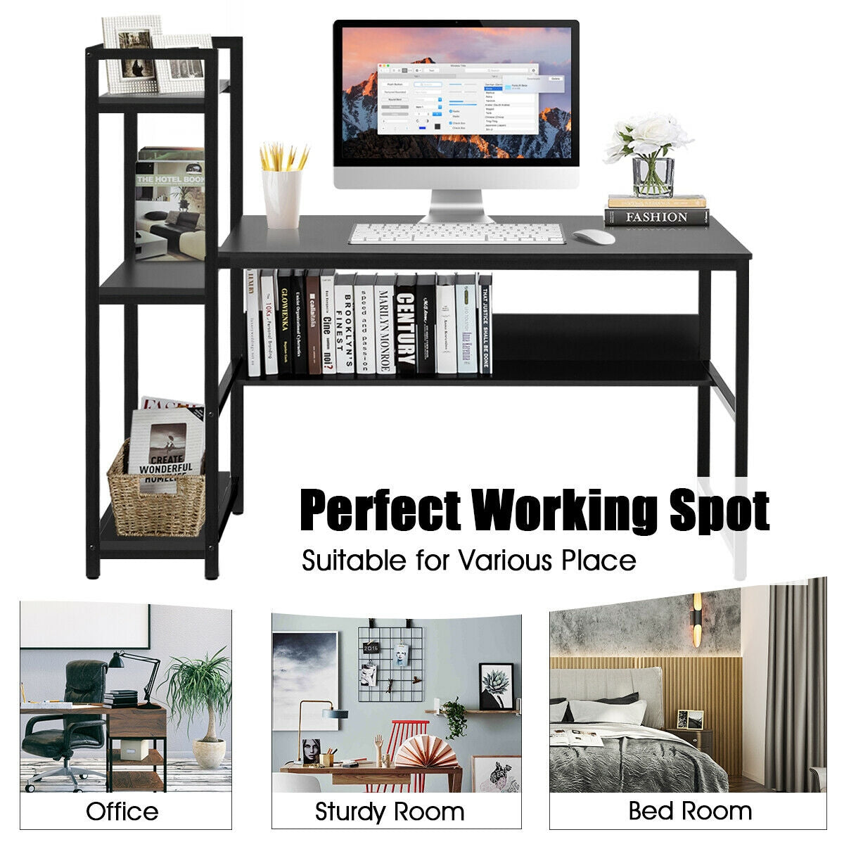 59-Inch Computer Desk Home Office Workstation 4-Tier Storage Shelves-BlackÂ