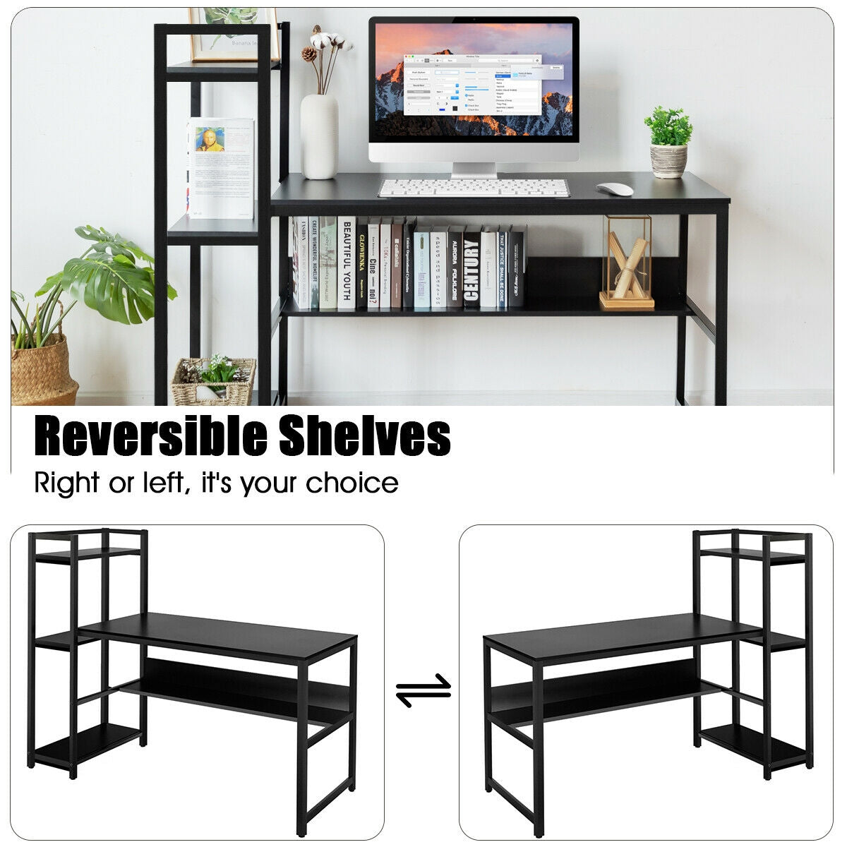 59-Inch Computer Desk Home Office Workstation 4-Tier Storage Shelves-BlackÂ