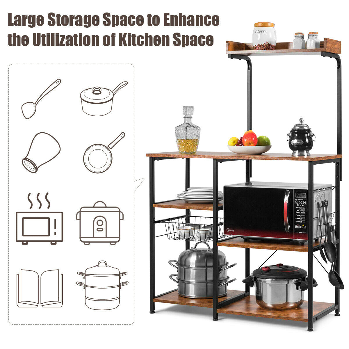 4 Tier Vintage Kitchen Baker's Rack Utility Microwave Stand-Coffee-BrownÂ