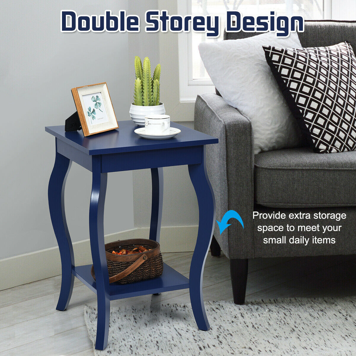Set of 2 Accent Side Tables with Shelf-BlueÂ
