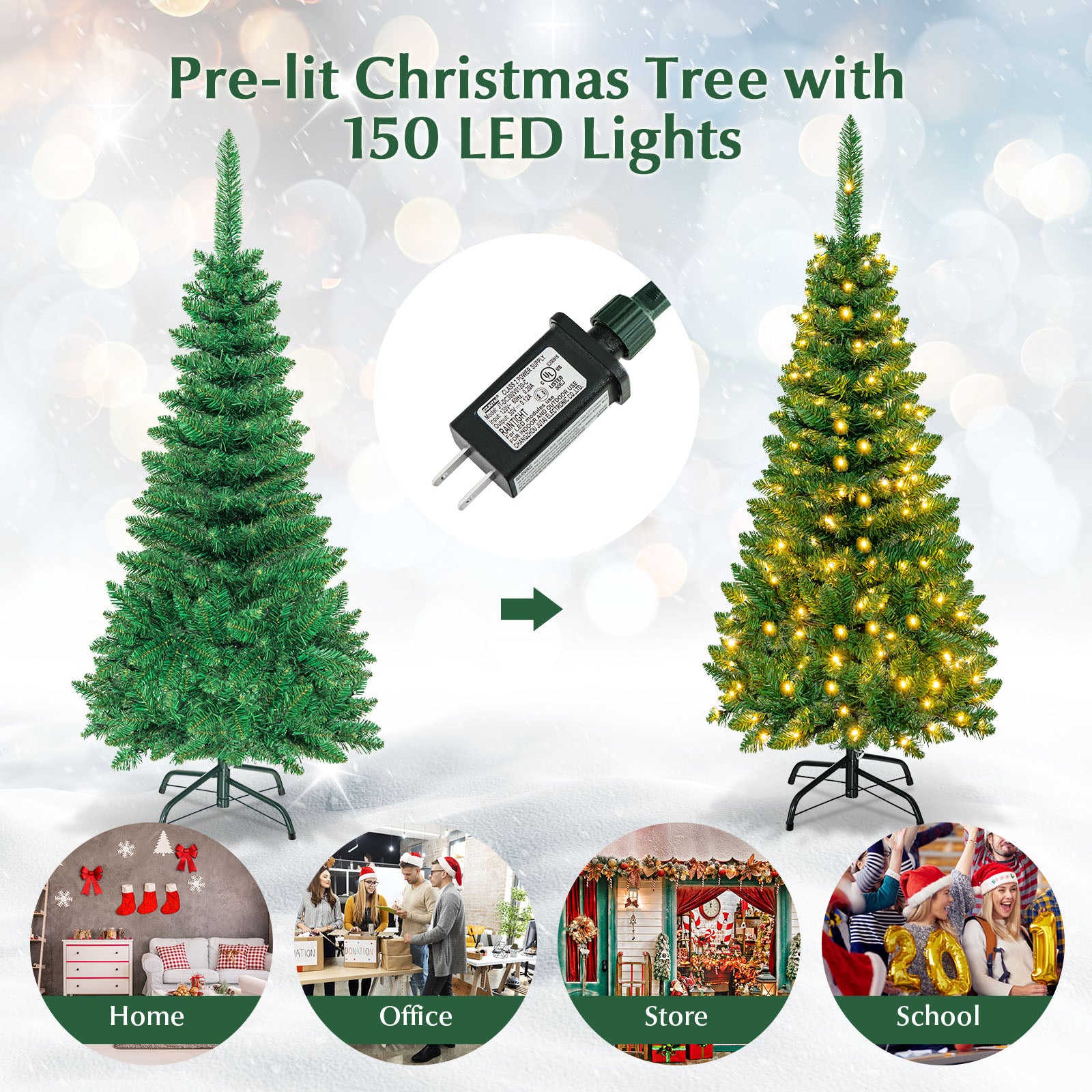 4.5 ft Pre-Lit Premium Hinged Artificial Fir Pencil Christmas Tree with LED Lights-Warm WhiteÂ