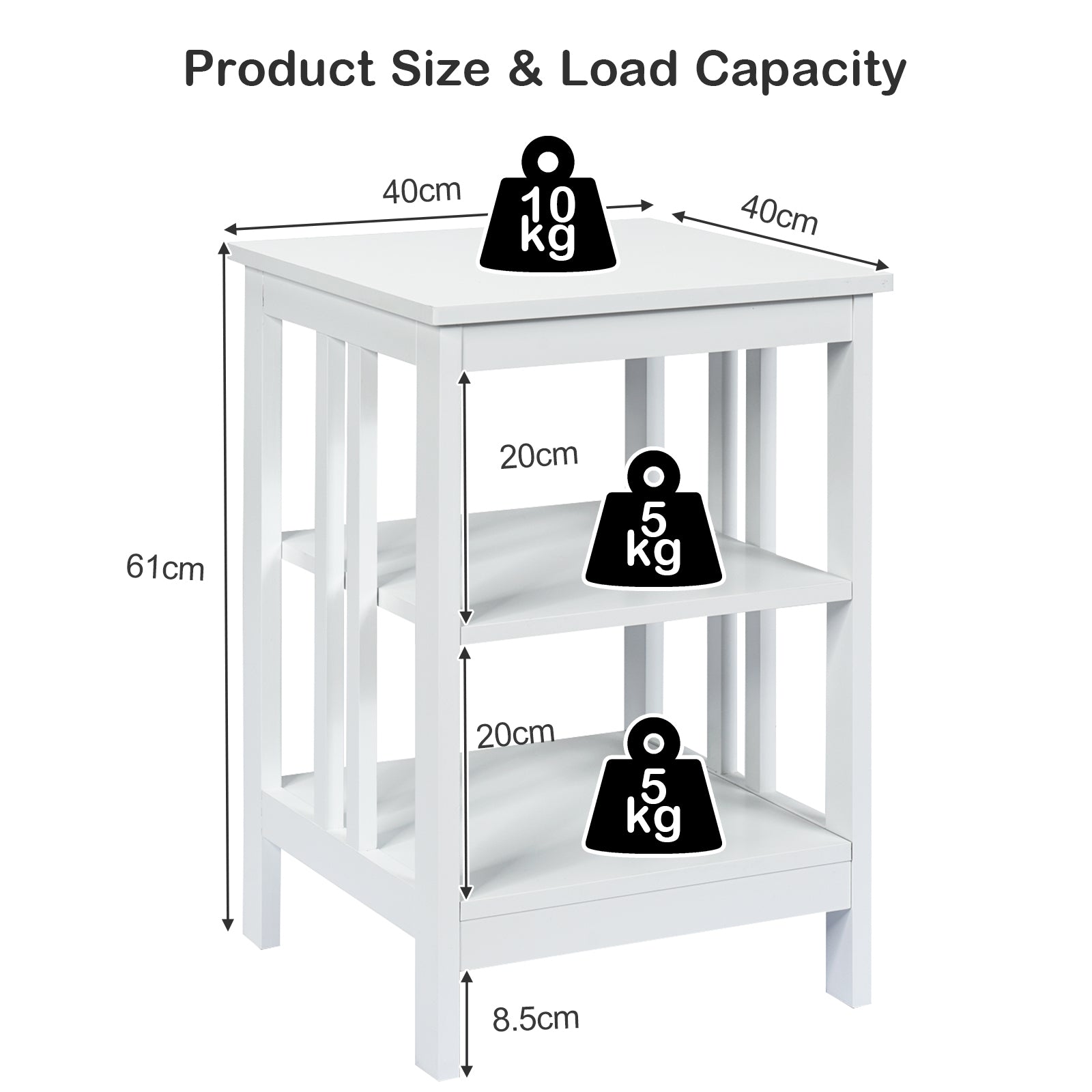 3-tier Side Table Nightstand with Stable Structure-WhiteÂ