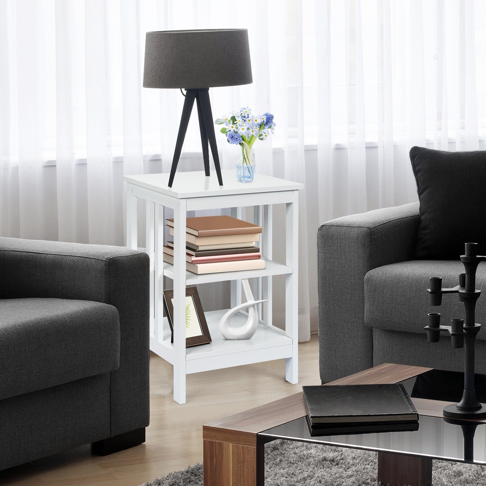 3-tier Side Table Nightstand with Stable Structure-WhiteÂ