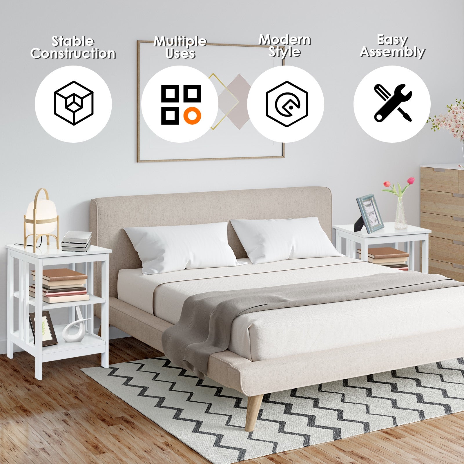 3-tier Side Table Nightstand with Stable Structure-WhiteÂ