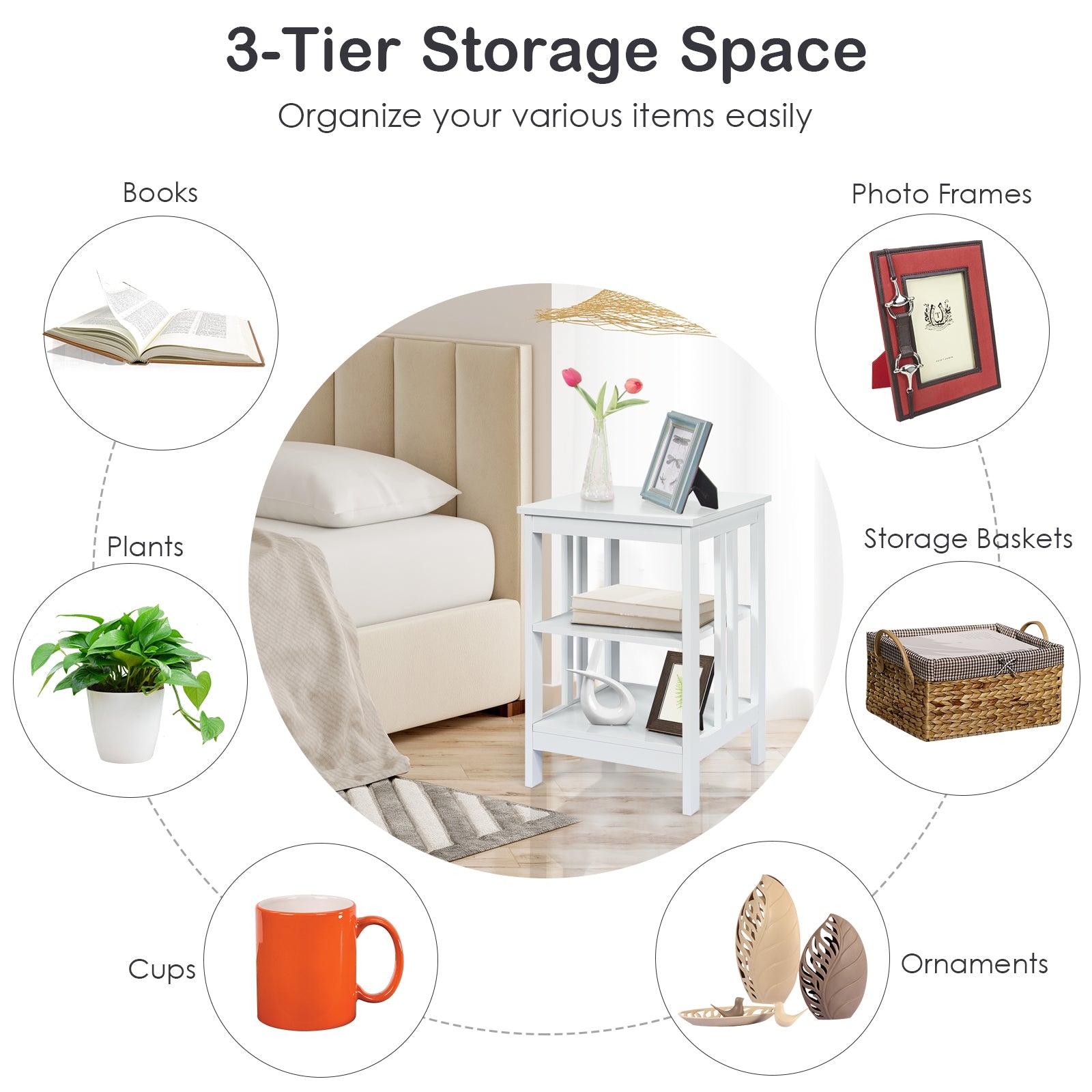 3-tier Side Table Nightstand with Stable Structure-WhiteÂ