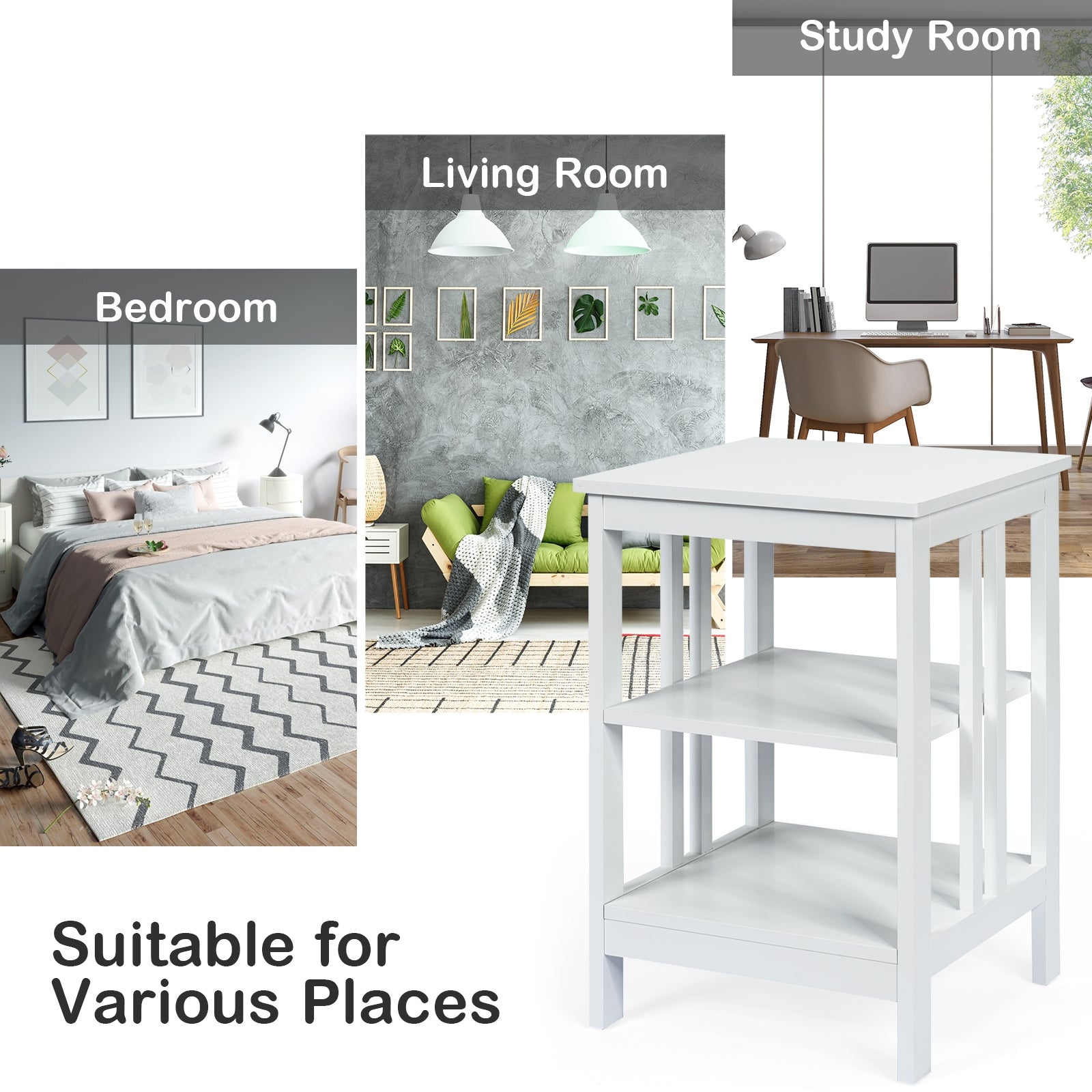 3-tier Side Table Nightstand with Stable Structure-WhiteÂ