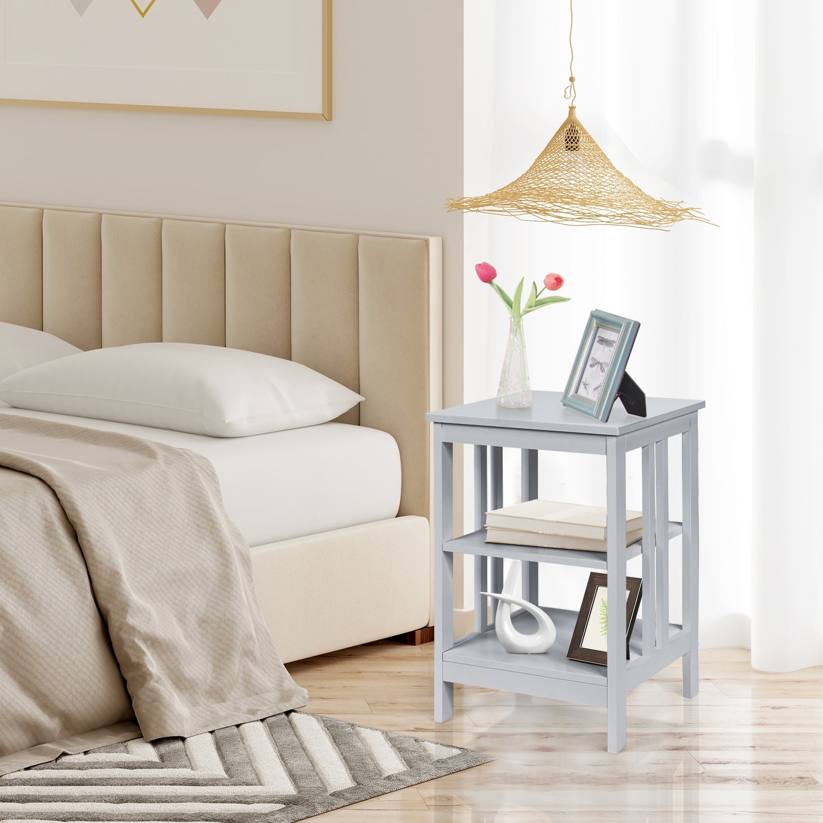 3-tier Side Table Nightstand with Stable Structure-GrayÂ