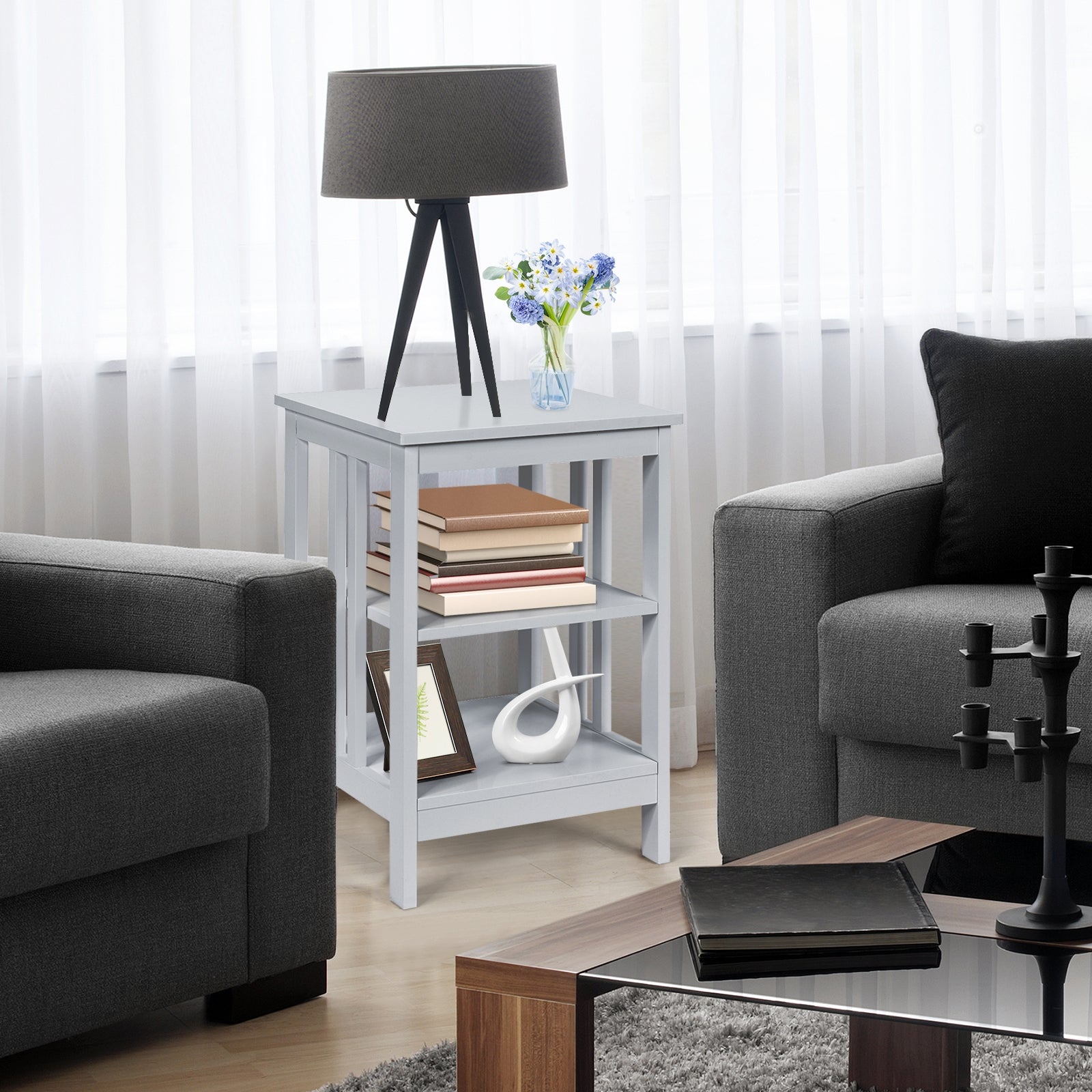3-tier Side Table Nightstand with Stable Structure-GrayÂ