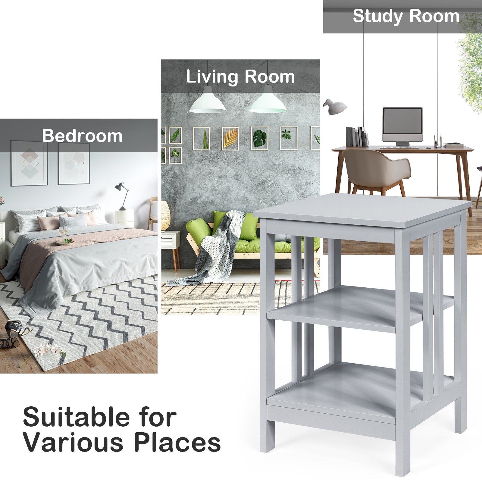 3-tier Side Table Nightstand with Stable Structure-GrayÂ