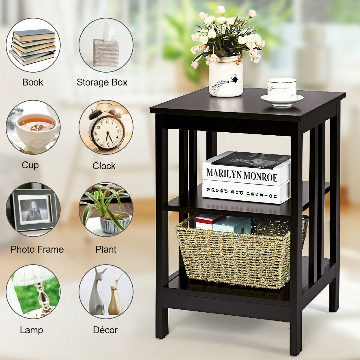 3-tier Side Table Nightstand with Stable Structure-Dark BrownÂ